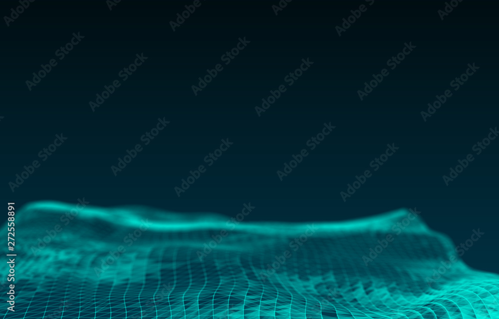Poster 3d rendering. digital wave of particles and wireframe. futuristic illustration. technology concept. 