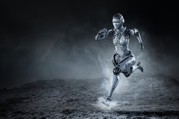 Obraz na płótnie Canvas Cyborg silver running woman. Mixed media