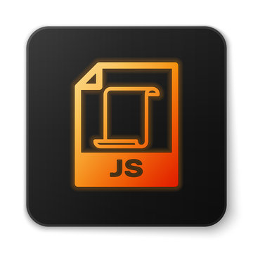 Orange glowing JS file document icon. Download js button icon isolated on white background. JS file symbol. Black square button. Vector Illustration
