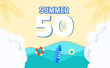 Top view blue sea paper waves and beach sale advertising design.