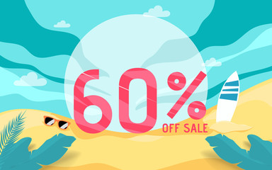 Summer sale banner holiday with beach scene.