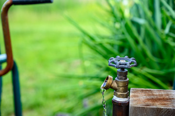Open water spigot with garden background