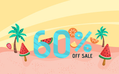 Summer sale banner holiday with beach scene.
