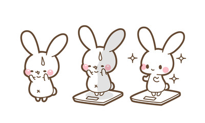 デブ活で太って焦るうさぎ・ダイエットが成功し美しくやせたうさぎ・体重計にのるウサギちゃんイラスト素材