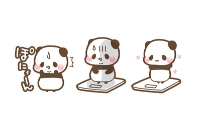 デブ活で太って焦るパンダ・ダイエットが成功し可愛くやせたパンダ・体重計にのるパンダちゃんイラスト素材