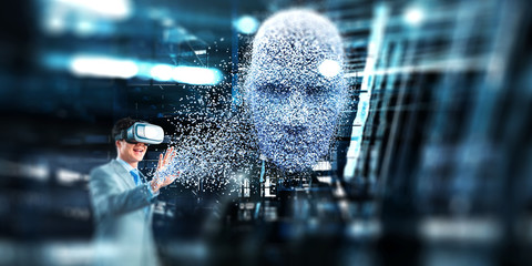 Digital head, artificial intelligence and virtual reality. Mixed media
