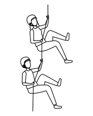 young couple climbing with ropes characters