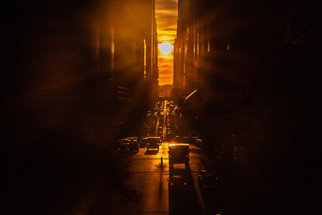 Sunset over 42nd Street with the colorful lights of traffic through Midtown Manhattan, New York City NYC