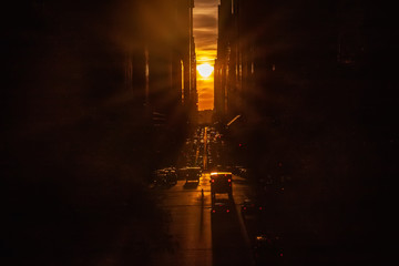 Sunset over 42nd Street with the colorful lights of traffic through Midtown Manhattan, New York City NYC