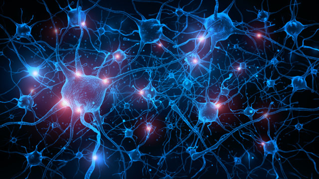 3d rendering of neuron cells with glowing in human brain