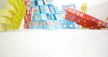 Abstract white and colored interior multilevel public space with window. 3D illustration and rendering.