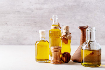 Olive oil in glass bottles