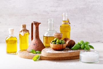Olive oil in glass bottles