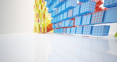 Abstract white and colored interior multilevel public space with window. 3D illustration and rendering.