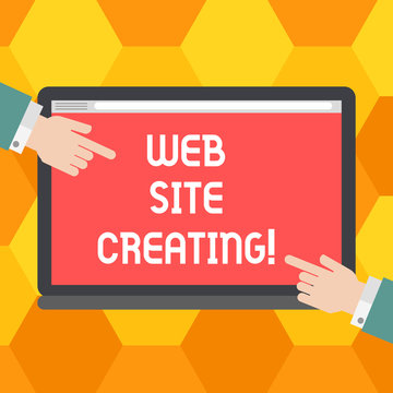 Handwriting text Web Site Creating. Concept meaning create site layout content production and graphic design Hu analysis Hands from Both Sides Pointing on a Blank Color Tablet Screen