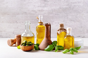 Olive oil in glass bottles