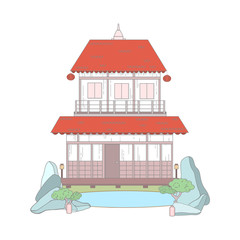 Vector flat style illustration of Japanese traditional building. Icon for web. Chinese and Japanese architecture temple, cathedral object isolated on white background
