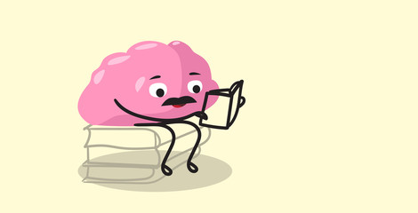cute human brain organ sitting on books stack pink cartoon character reading book education concept kawaii style horizontal