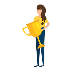 young woman lifting trophy cup award