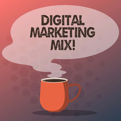 Text sign showing Digital Marketing Mix. Conceptual photo Set of actions to promote brand in the market Mug photo Cup of Hot Coffee with Blank Color Speech Bubble as Steam icon