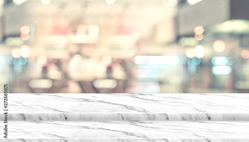 Poster empty step marble table top food stand with blur people in coffee shop background bokeh light.mock u