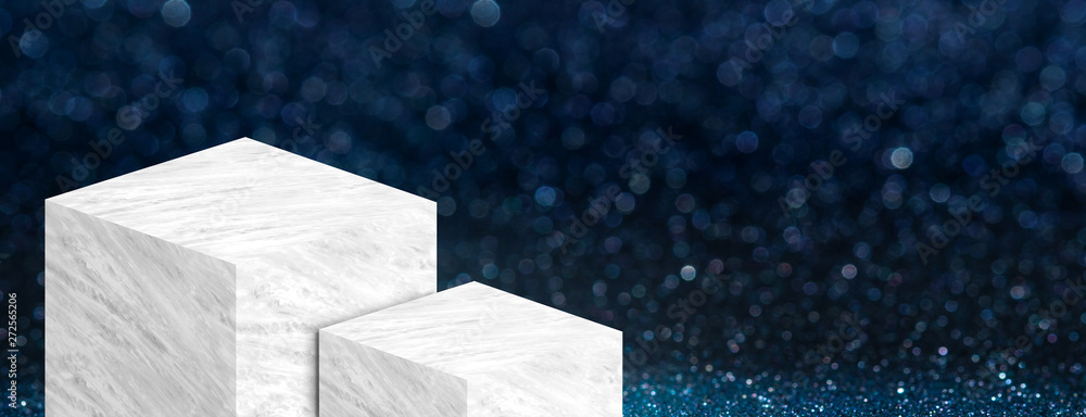 Aufkleber Product display stand made from white glossy marble in two step on dark blue bokeh sparkle background have copy space for display of content or design,Banner for advertise product on website