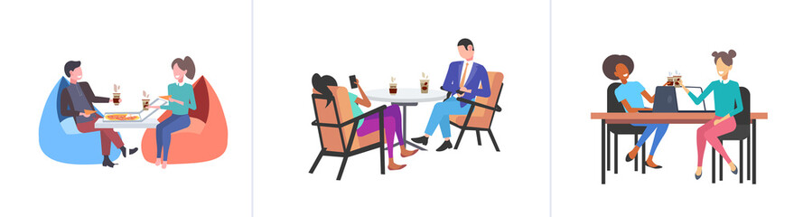 set businespeople colleagues discussing during coffee break mix race business people sitting at workplace communication concepts collection flat full length horizotal