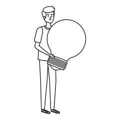 young man lifting bulb light