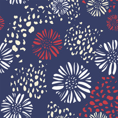 Americana flower fireworks seamless pattern in red,white and blue colors. Great for celebrating patriotic holidays like the 4th of July, home decor items, fashion, textiles, and party decorations.