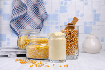 Fototapeta na wymiar Assorted corn products in a glass jar