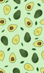 Seamless pattern whole and sliced avocado on bright green background, Vector illustration