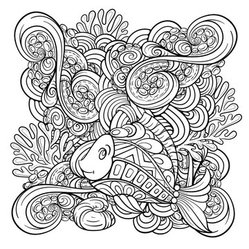 Vector sea creatures doodle background. Adult coloring page with undersea world. Black and white background with doodle fish and octopus tentacles