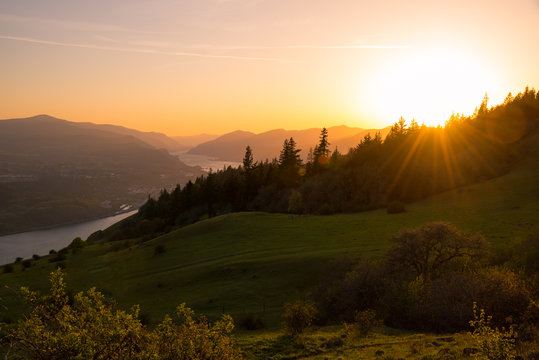 Summer sunset in the Pacific Northwest over the Columbia River Gorge