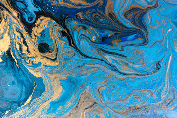 Blue marbling pattern. Golden marble liquid texture.