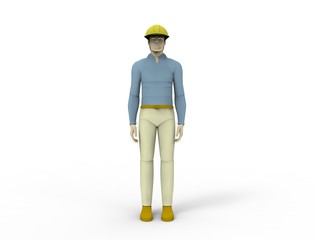 3d rendering of a male doll with a hard hat isolated in white studio background.
