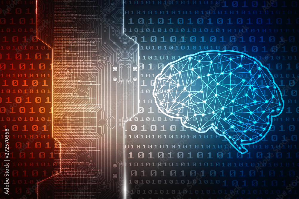 Poster 2d illustration concept of thinking, background with brain, abstract artificial intelligence. techno