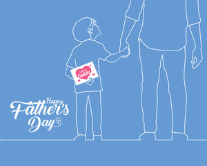 Happy Father's Day copy space. Hand drawn cartoon son holding father's hand with a card written text "Love you daddy" in white line art style isolated on plain blue background. 