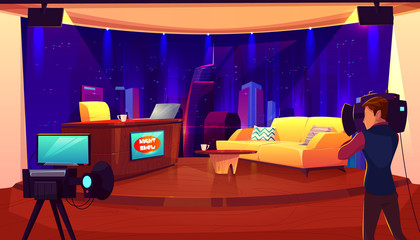 Television studio with camera, lights, table for newscaster, couch for interview and recording TV program, show. Broadcasting room interior, shooting cameraman, stage, Cartoon vector illustration - obrazy, fototapety, plakaty