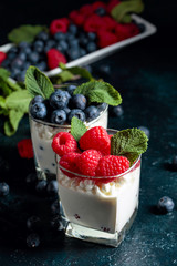 Cottage cheese with cream, raspberry and blueberry garnished with fresh mint.