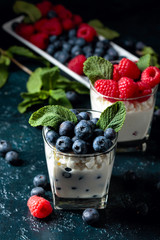 Cottage cheese with cream, raspberry and blueberry garnished with fresh mint.