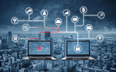 Internet and online network security system. Laptop computer hacking, and stealing data from...