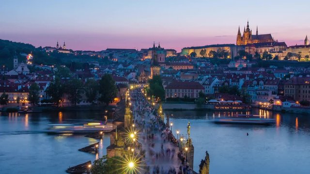 Time lapse of Prague Castle, Charles Bridge & Vltava River during beautiful sunset casting red and pink across the city horizon