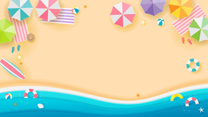 Summer beach Background vector illustration, Top view of beach. Paper art style.
