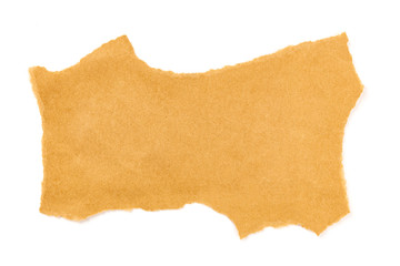 A piece of torn brown craft paper, shot from above on a white background with copy space