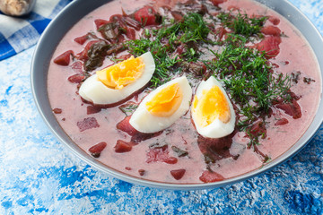 Beetroot soup served with boiled egg