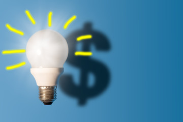 Light bulb on bright blue background with a dollar sign shadow. Conception good idea it's money.