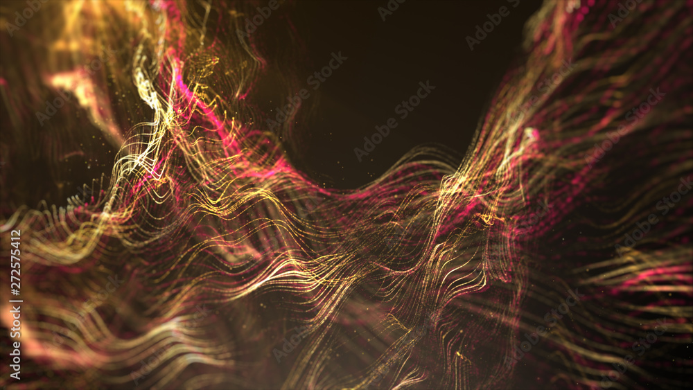 Poster Futuristic Swirling Particles flowing digital particles wave de-focus virtual reality abstract cyber space environment background