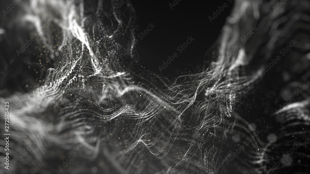 Poster Futuristic Swirling Particles flowing digital particles wave de-focus virtual reality abstract cyber space environment background