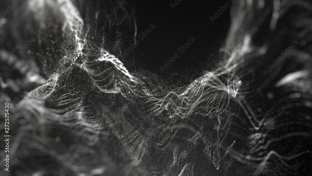 Poster Futuristic Swirling Particles flowing digital particles wave de-focus virtual reality abstract cyber space environment background