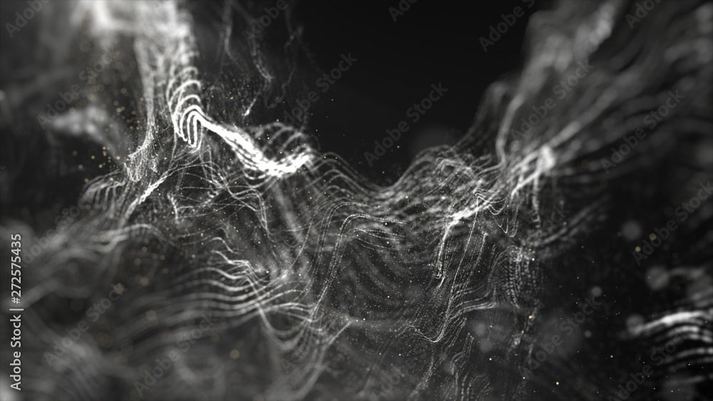 Poster Futuristic Swirling Particles flowing digital particles wave de-focus virtual reality abstract cyber space environment background